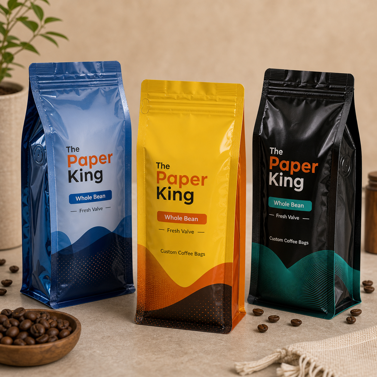 Glossy side-gusset coffee bags with freshness valves