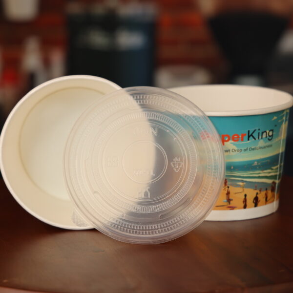Tall 32 oz Paper King custom printed paper food container with clear lid