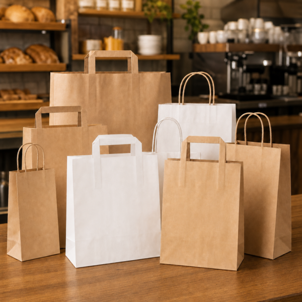 Kraft and white paper carryout bags in several sizes