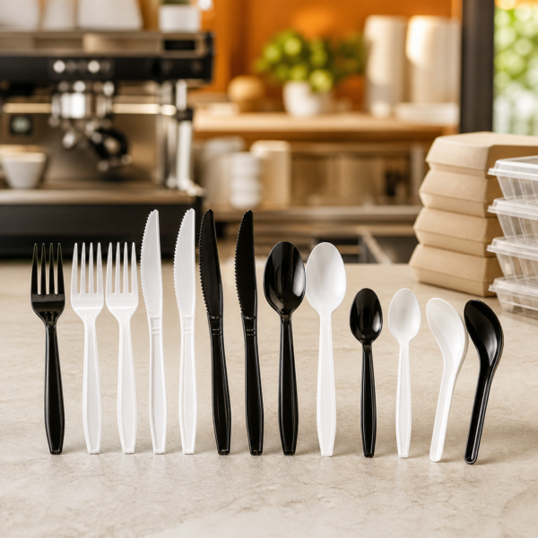 Black and white disposable forks knives and spoons