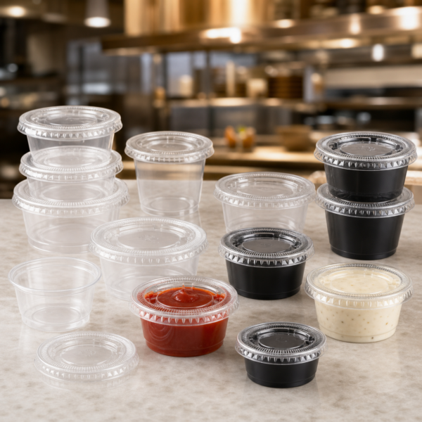 Clear and black portion cups with matching lids