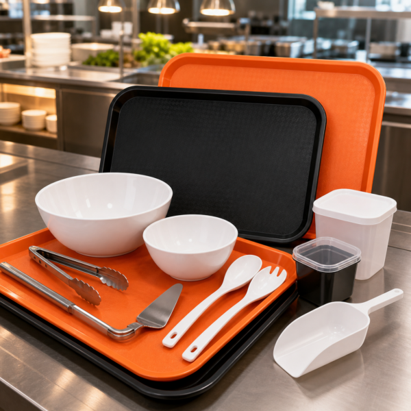 Restaurant serving trays bowls utensils tongs and scoops