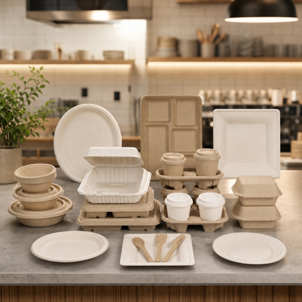 Molded-fiber plates bowls clamshells trays and cup carriers